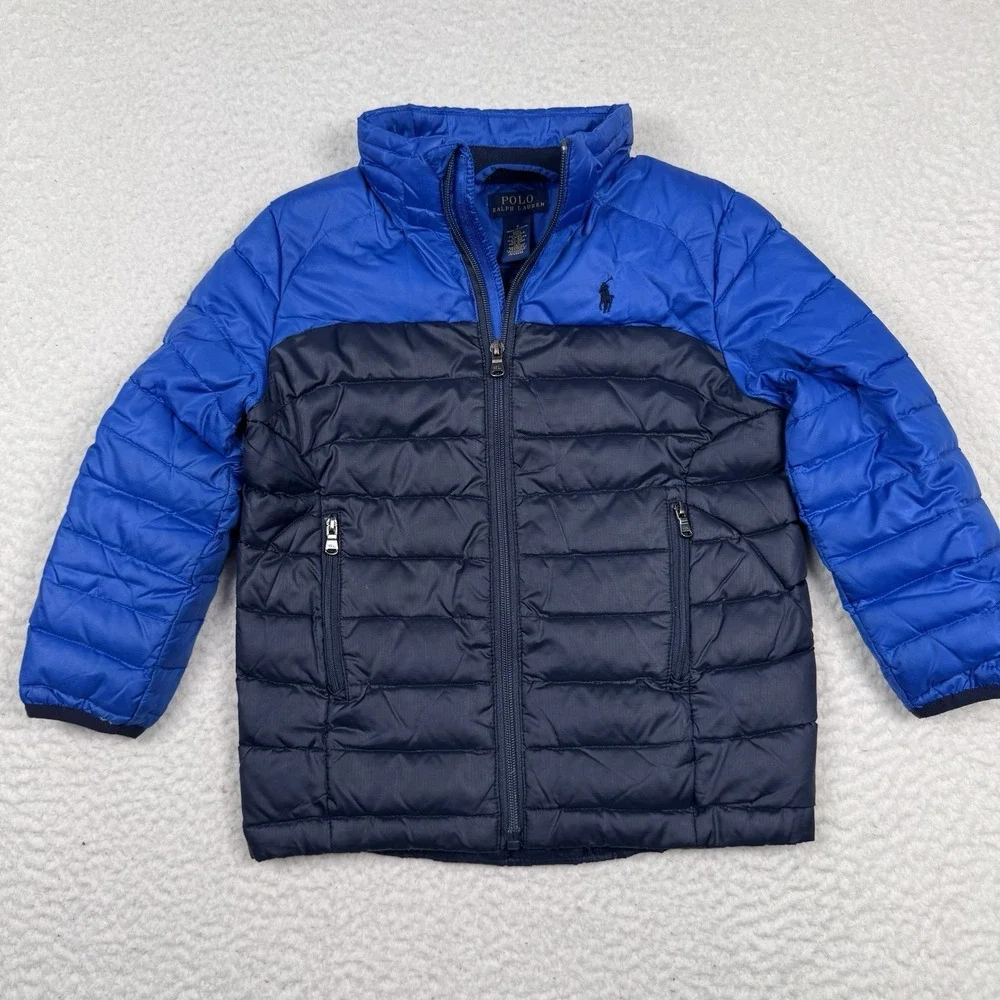 Polo Ralph Lauren Down Puffer Jacket Youth Size 5 Blue Full Zip Pockets Pony‎